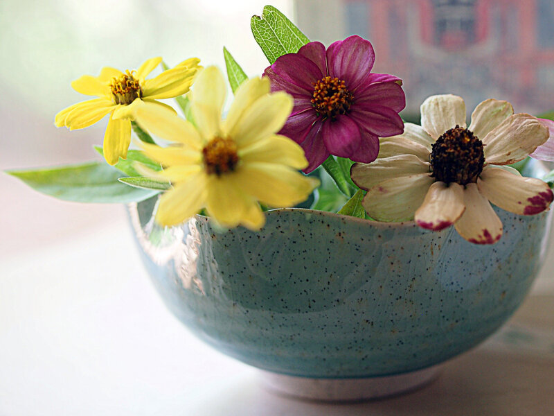 Zinnia Flowers in Bowl