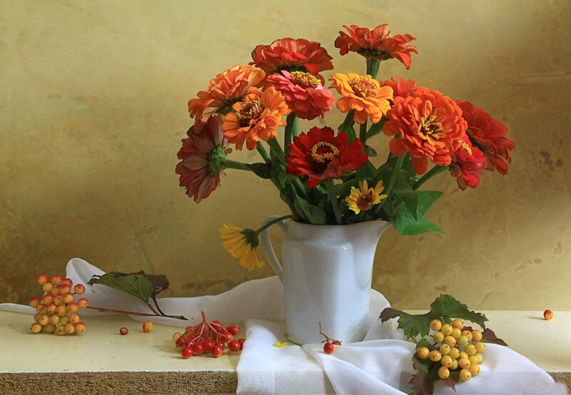 Zinnia Flowers in Pitcher