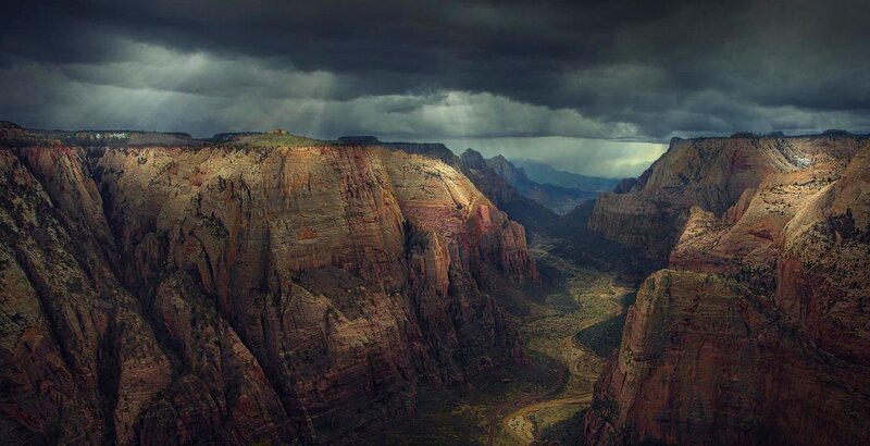 Zion Canyon Landscape — Brown, Dramatic, Afternoon, Photograph, Mountains, Clouds