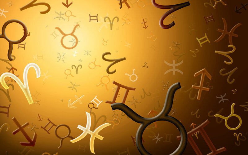 Zodiac Symbols Floating — Gold, Mystical, Digital Art, Golden Background