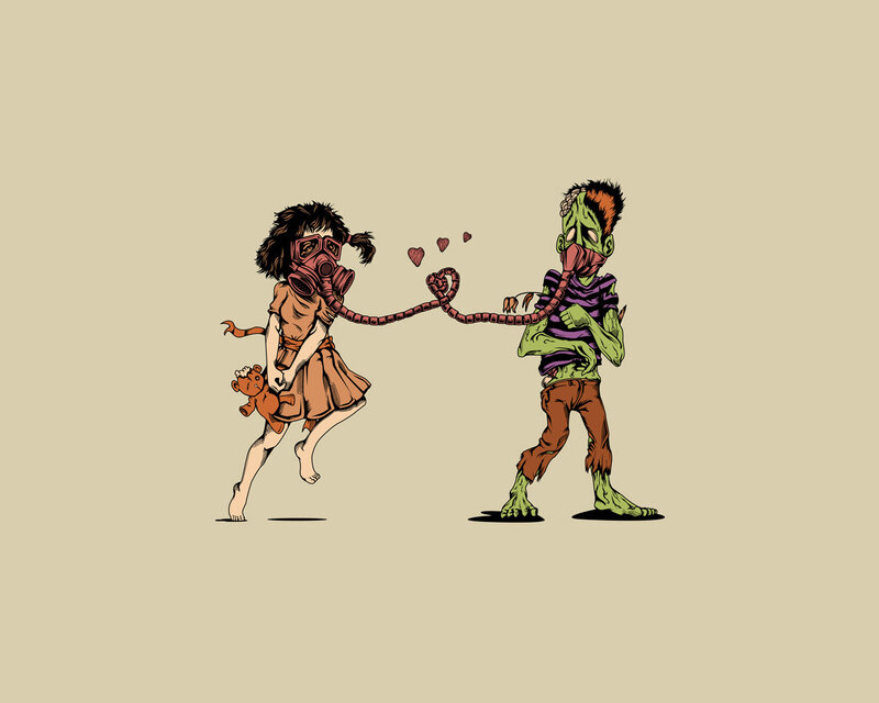 zombie and child with gas mask