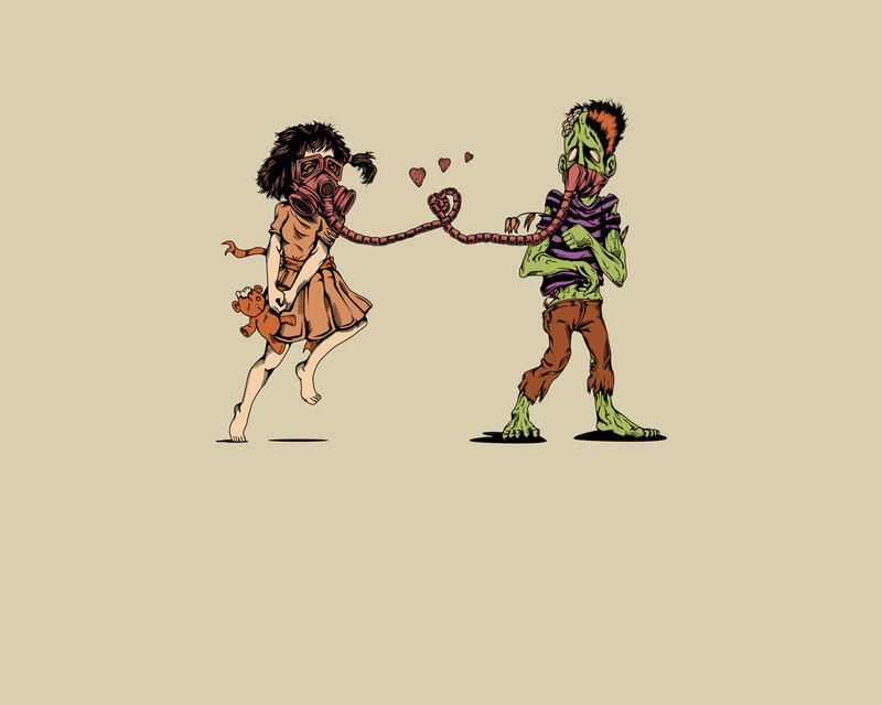 zombie and girl with gas mask
