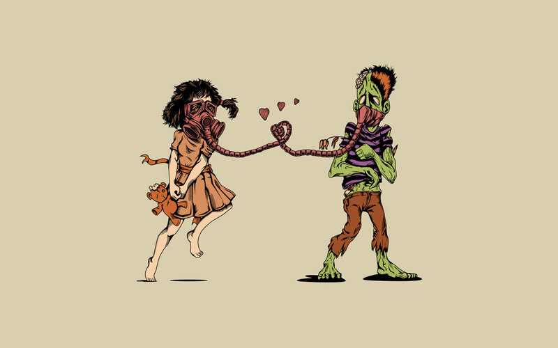 zombie and girl with gas mask