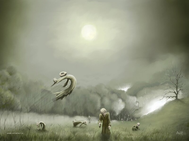 Zombie apocalypse in a foggy field