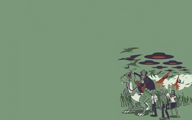 Zombie Apocalypse Scene — Green, Chaotic, Illustration, Dinosaurs, Zombies, Ufos
