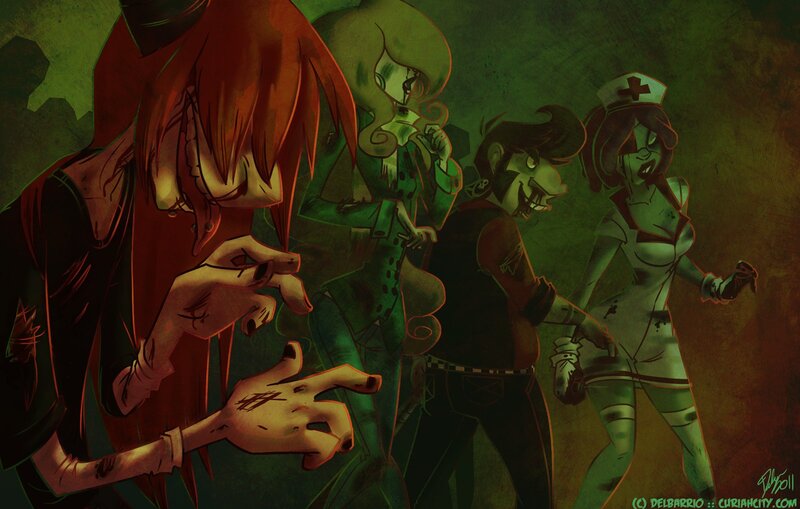 zombie characters in dark scene