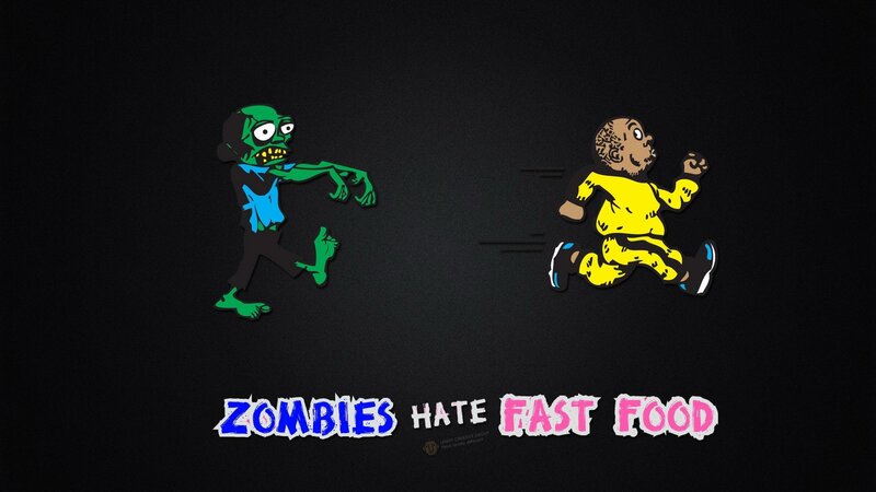 Zombie Chasing Man — Black, Humorous, Digital Art