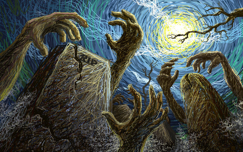Zombie hands rising from graves