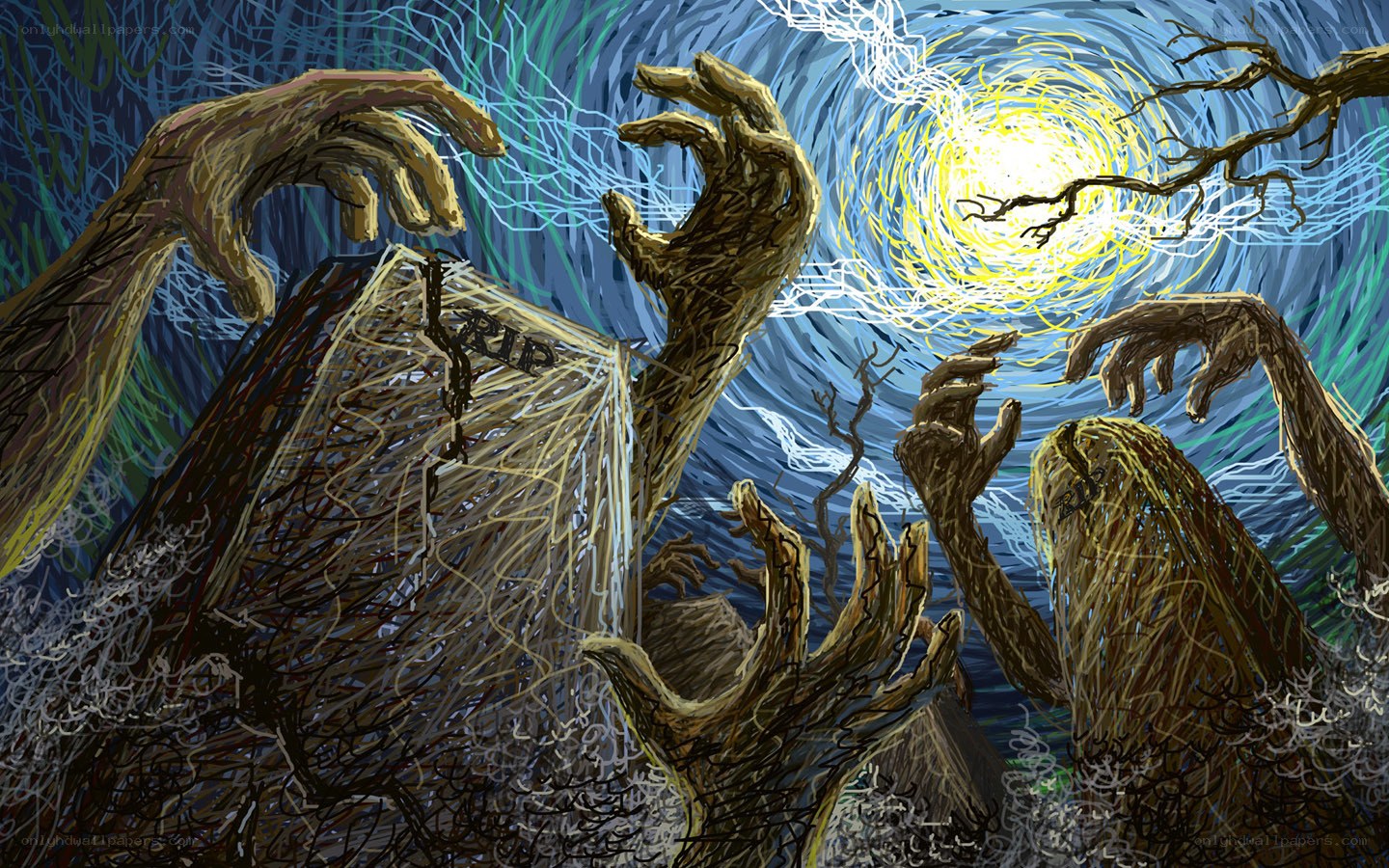 Zombie hands rising from graves