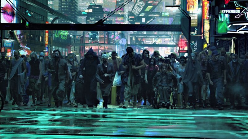 Zombie horde in neon city