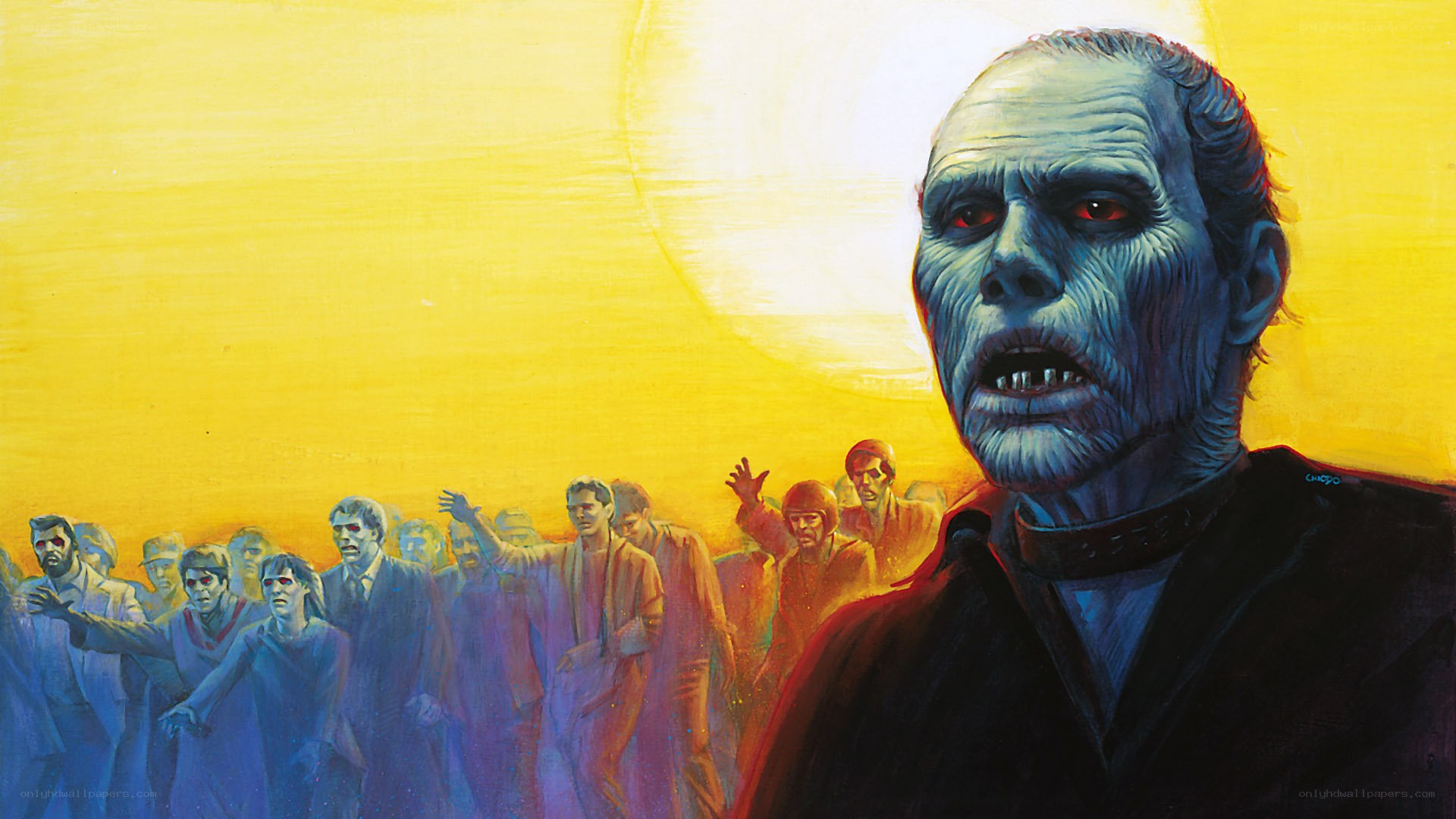 zombie horde under yellow sky