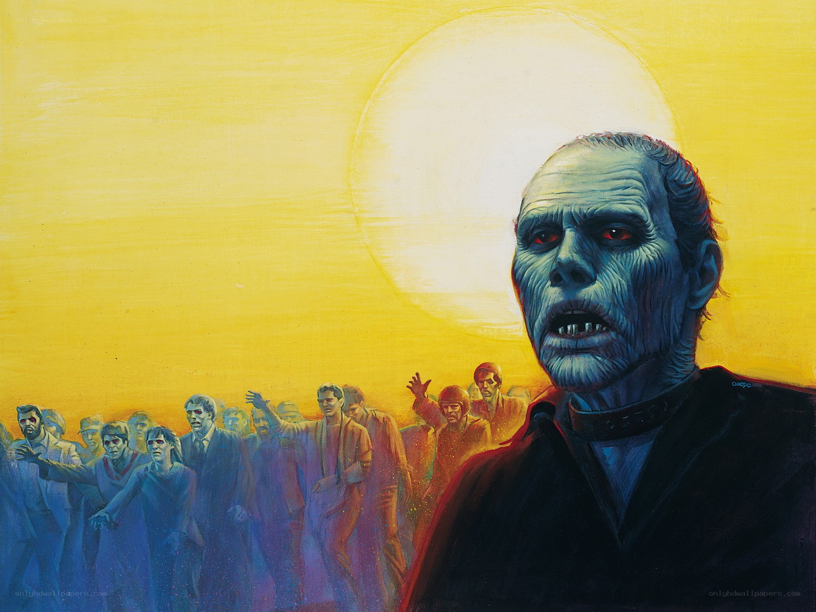 Zombie horde under yellow sun