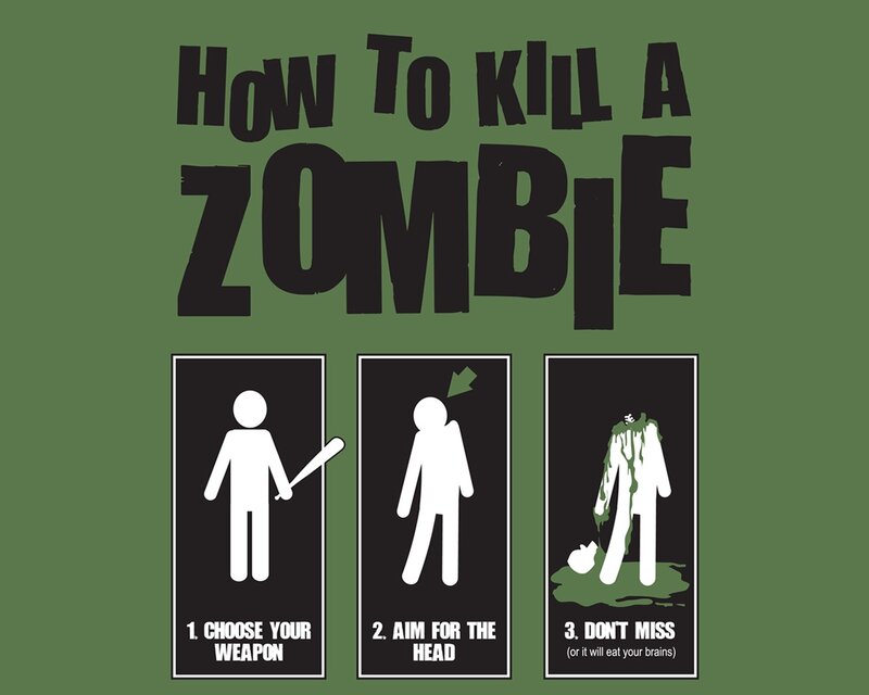 Zombie Killing Guide — Green, Humorous, Illustration, Stick Figure, Weapon, Brain, Black, White