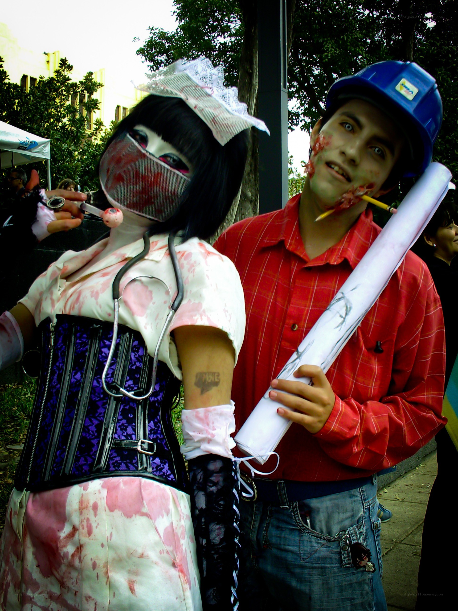 zombie nurse and construction worker cosplayers