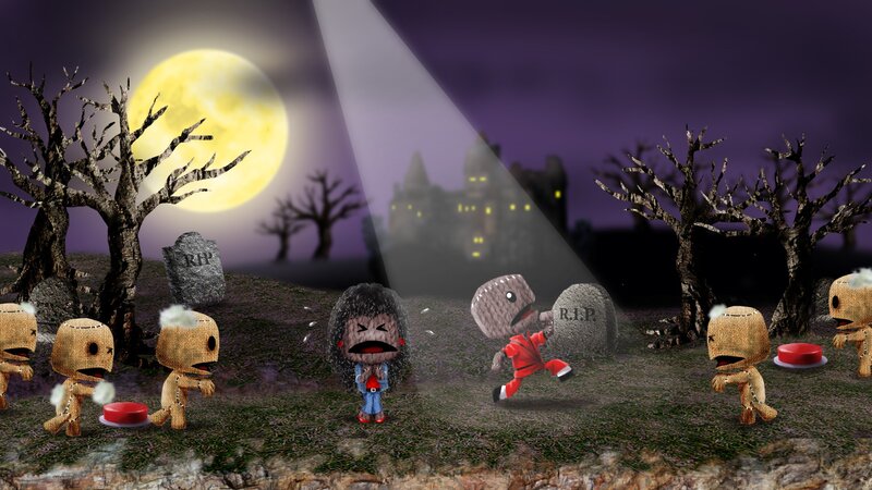 Zombie Sackboy in a graveyard