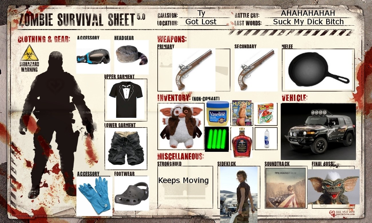 Zombie survival sheet for Ty