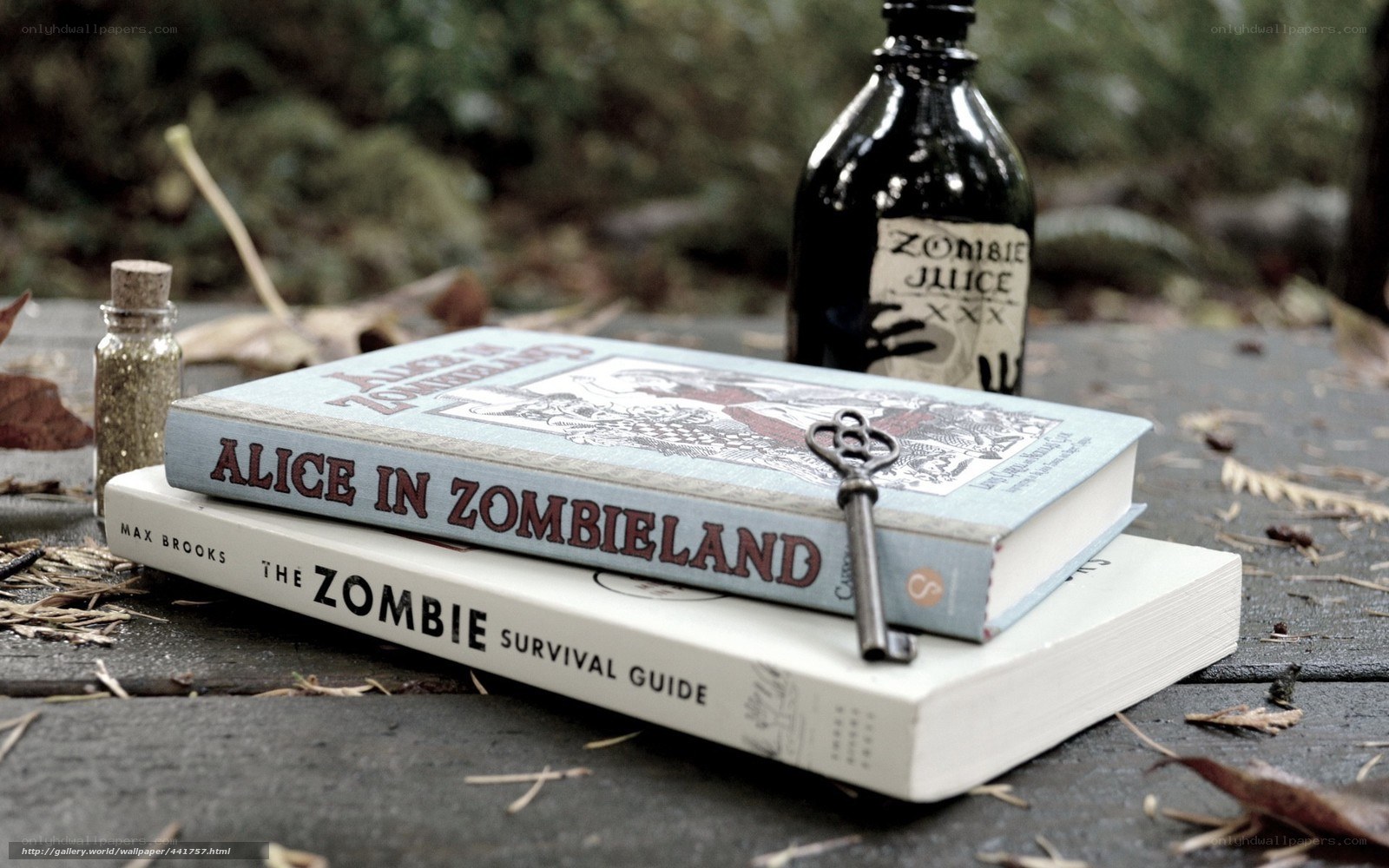 Zombie-themed books and props