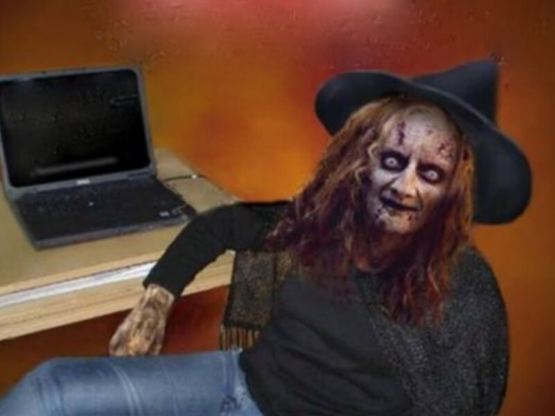zombie witch at computer