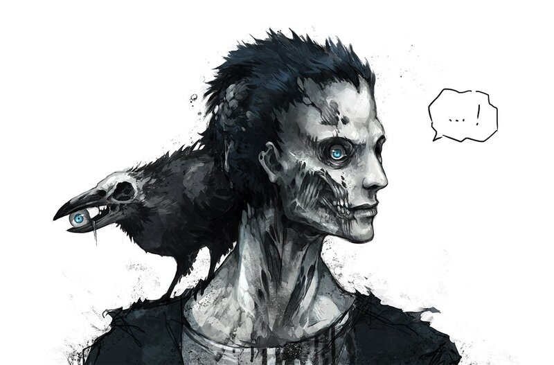 zombie with crow on shoulder