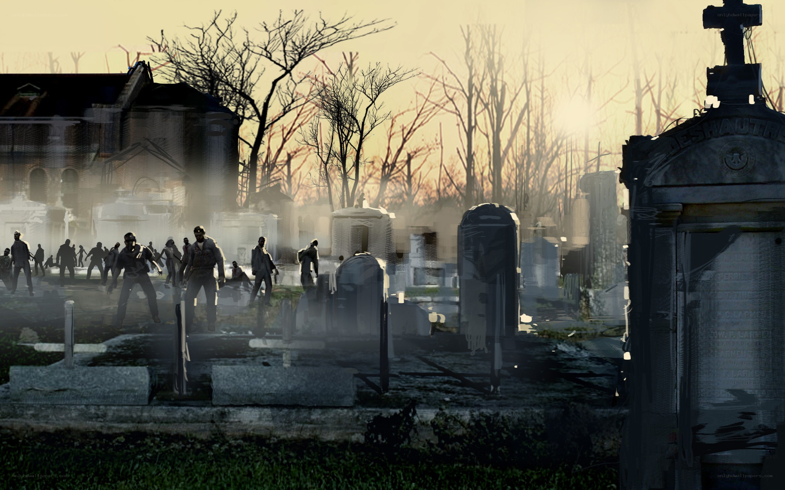 Zombies in a cemetery at sunset
