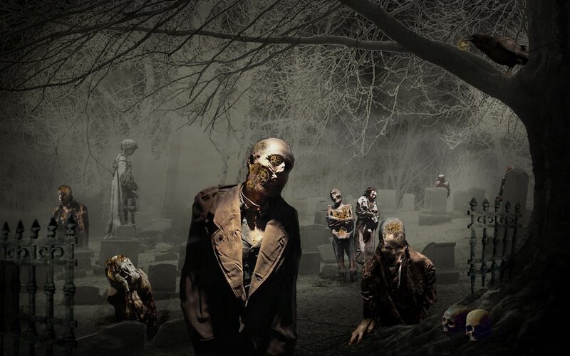 zombies in a foggy graveyard