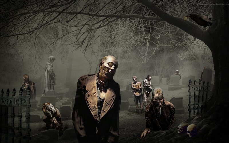 zombies in a foggy graveyard