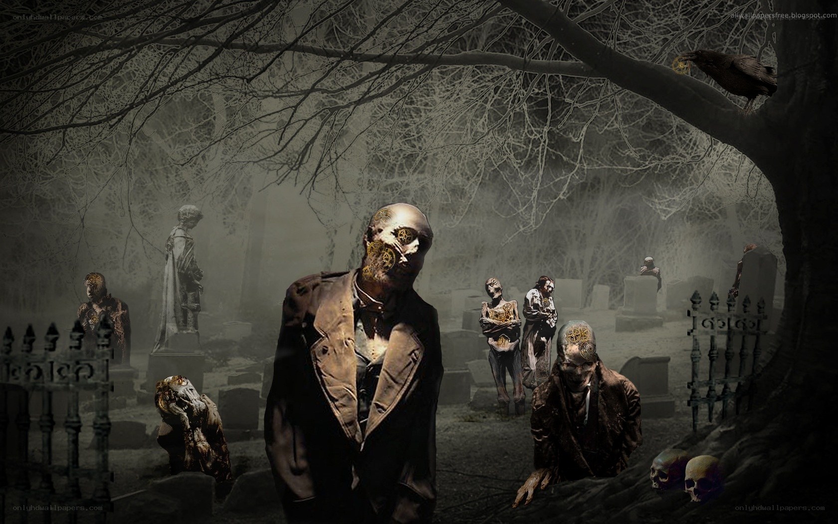 zombies in a foggy graveyard