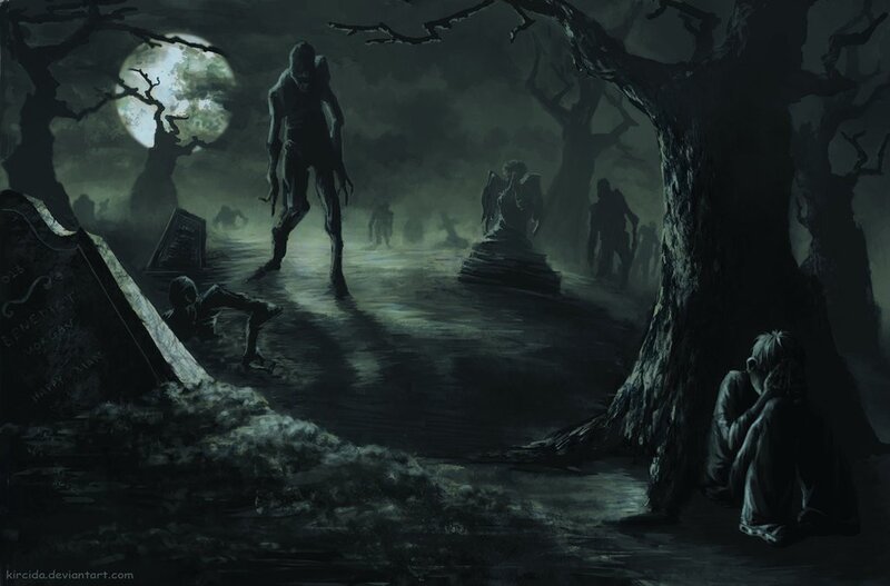 Zombies in a haunted graveyard