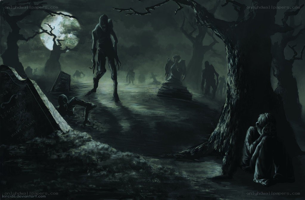 Zombies in a haunted graveyard
