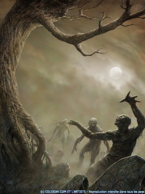 zombies under a moonlit tree