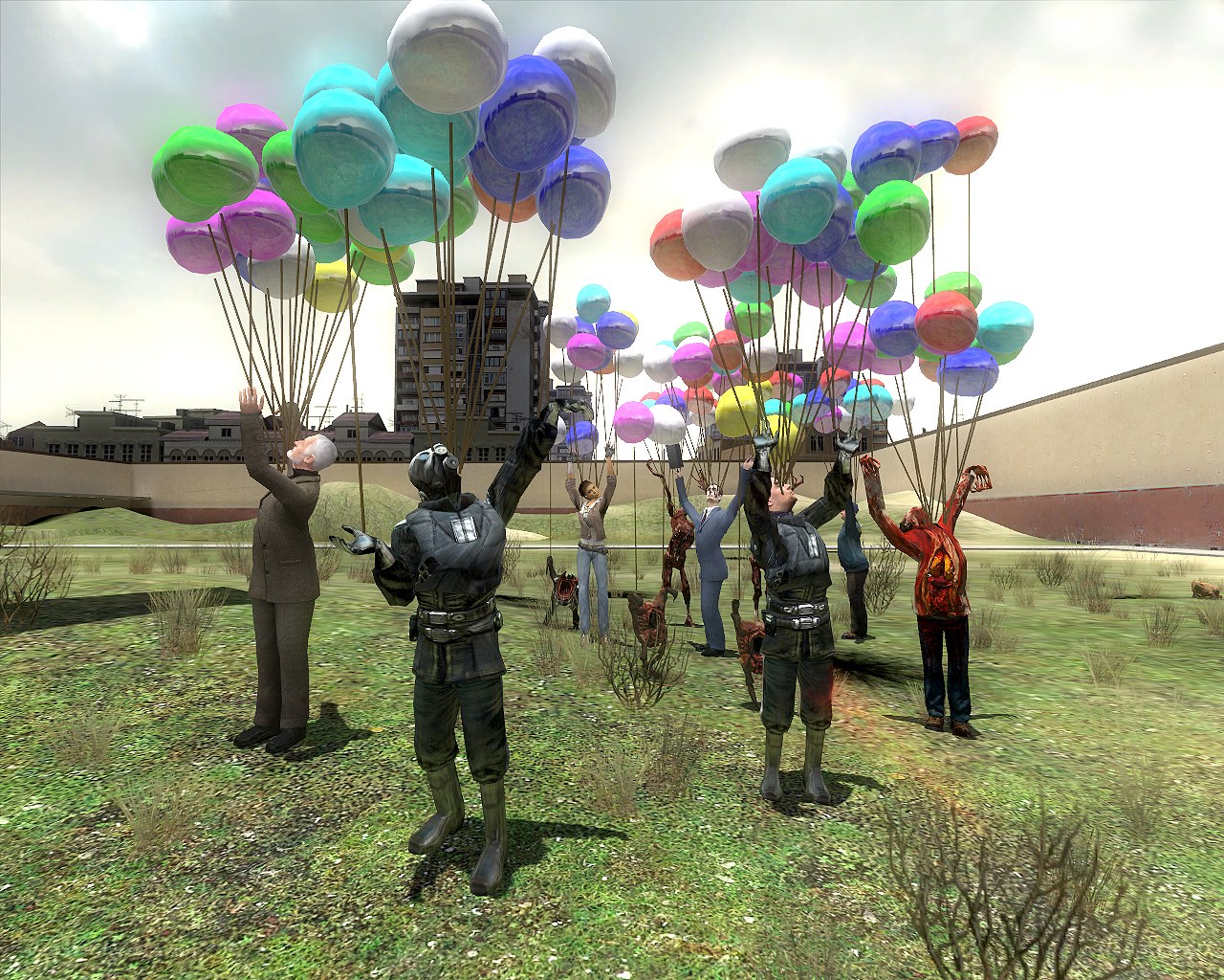 Zombies with balloons in a wasteland