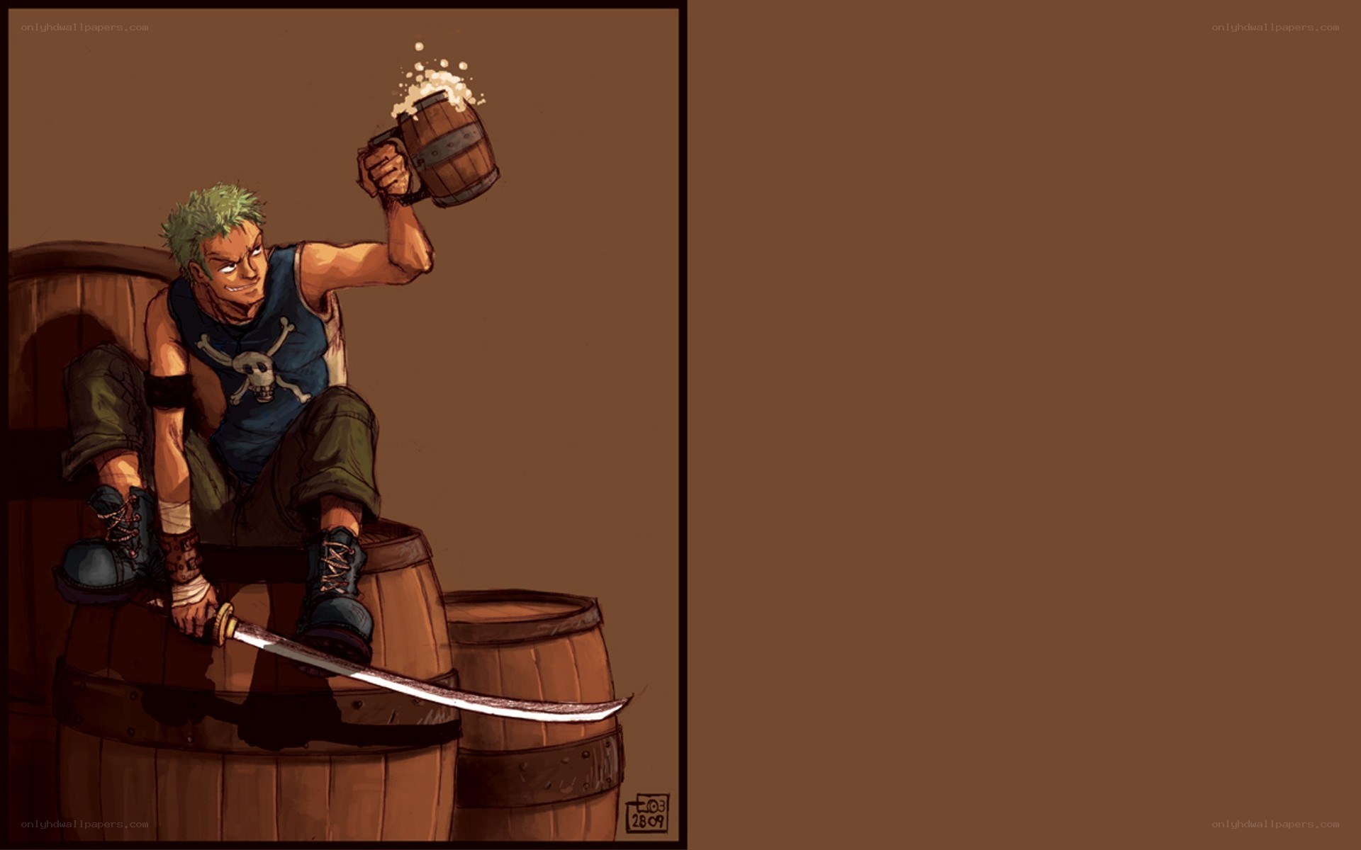 Zoro drinking beer on barrels
