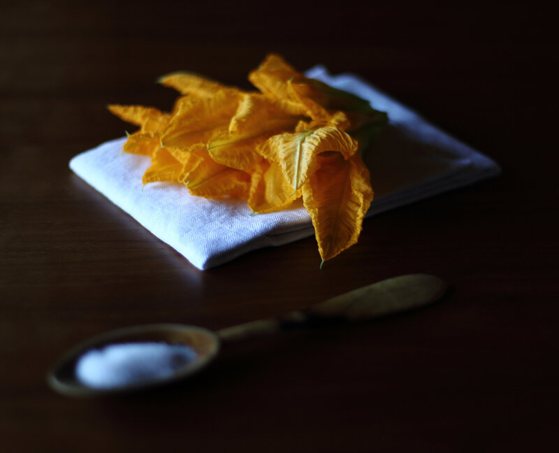 Zucchini Flowers on Cloth — Yellow
