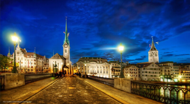 Zurich at dusk with historic buildings