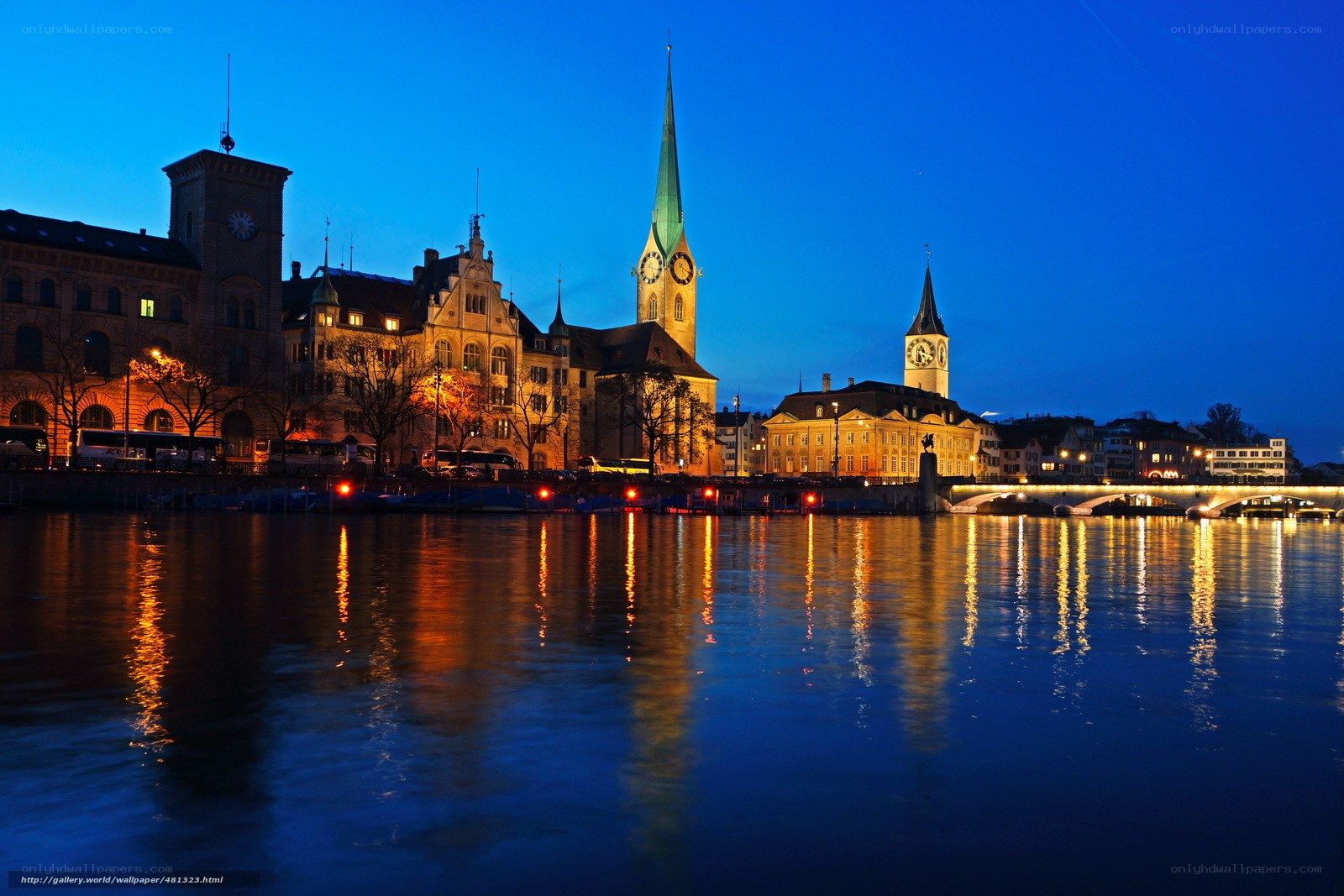 Zurich at dusk with river reflections