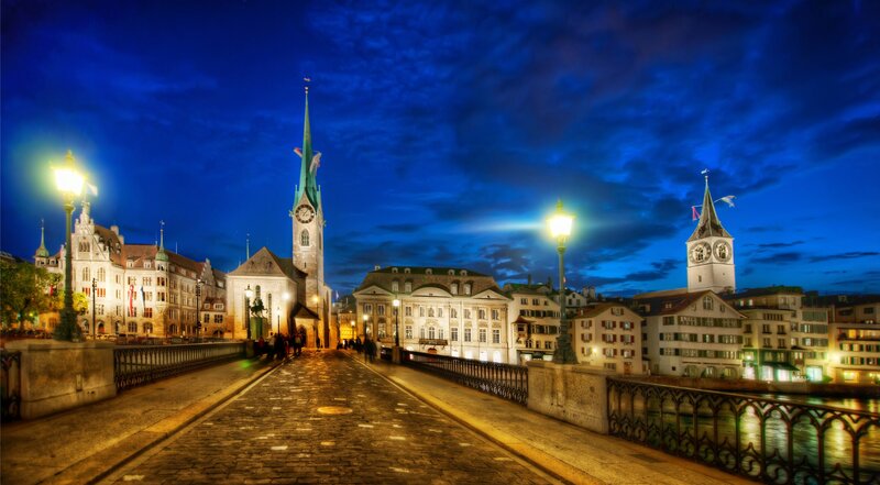 Zurich at dusk with St. Peter's Church