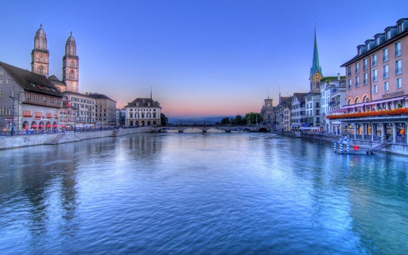 Zurich river view at dusk