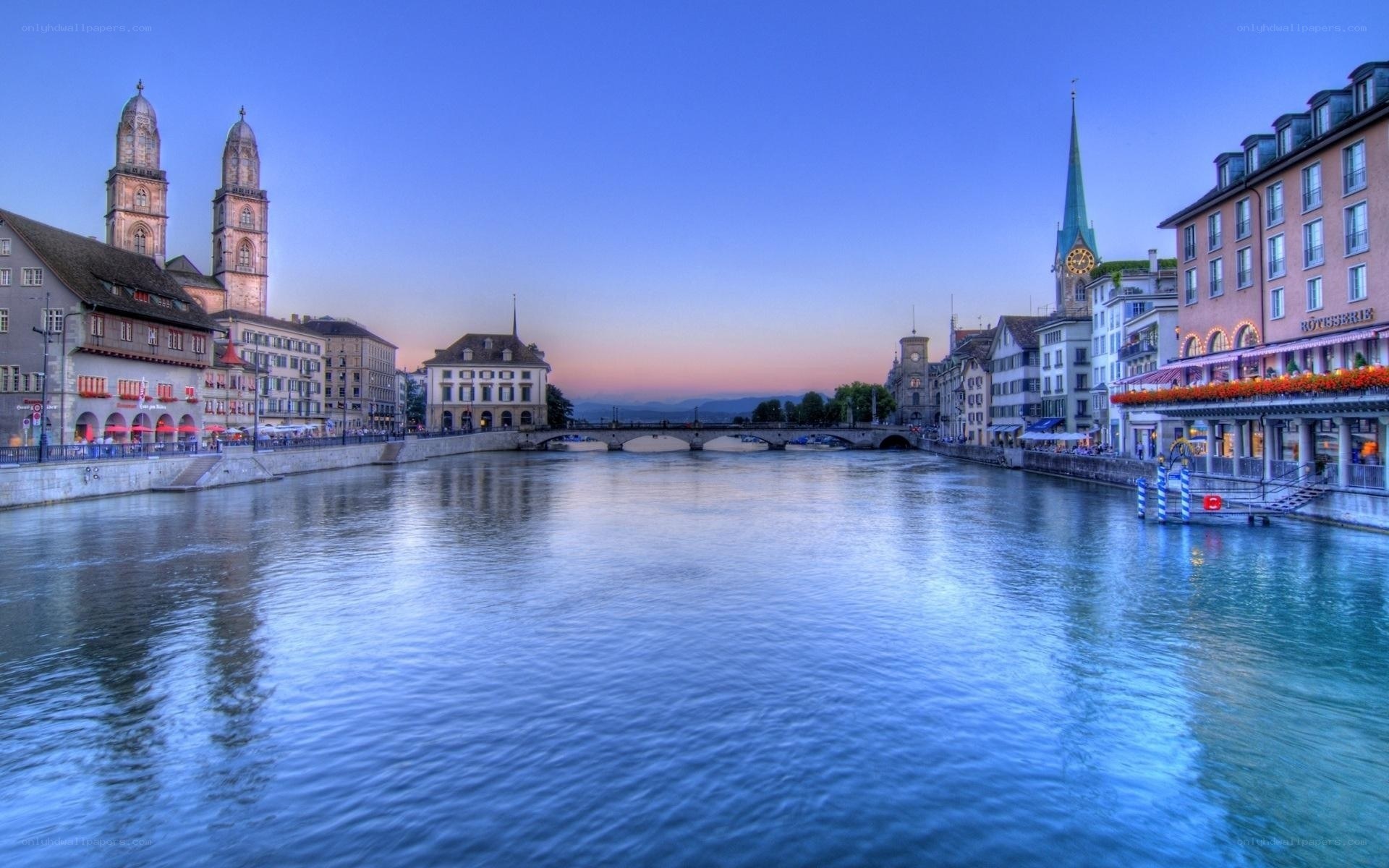 Zurich river view at dusk