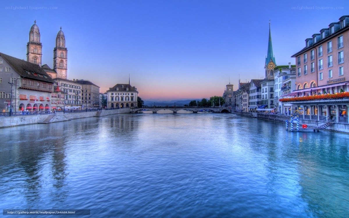 Zurich river view at dusk