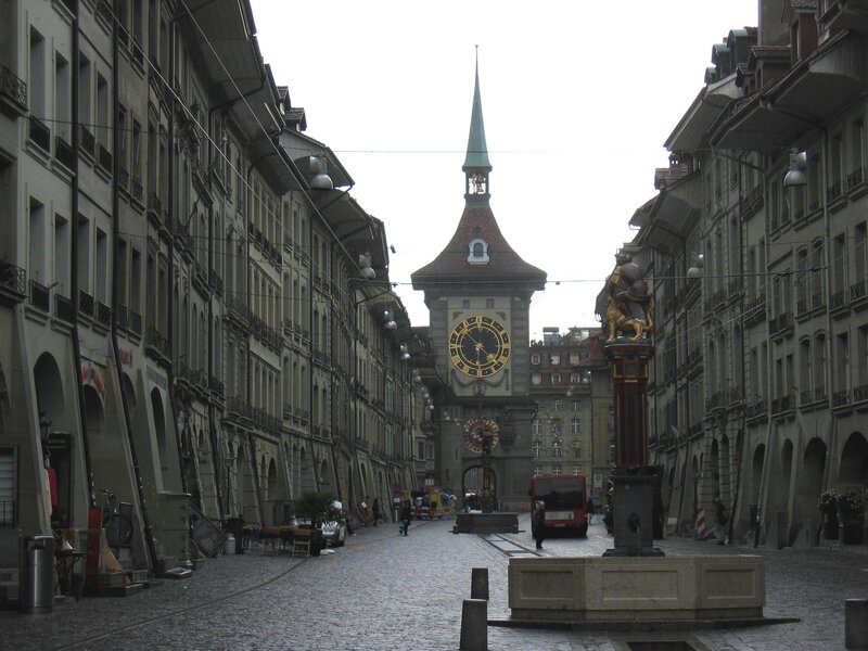 Zurich street with clock tower