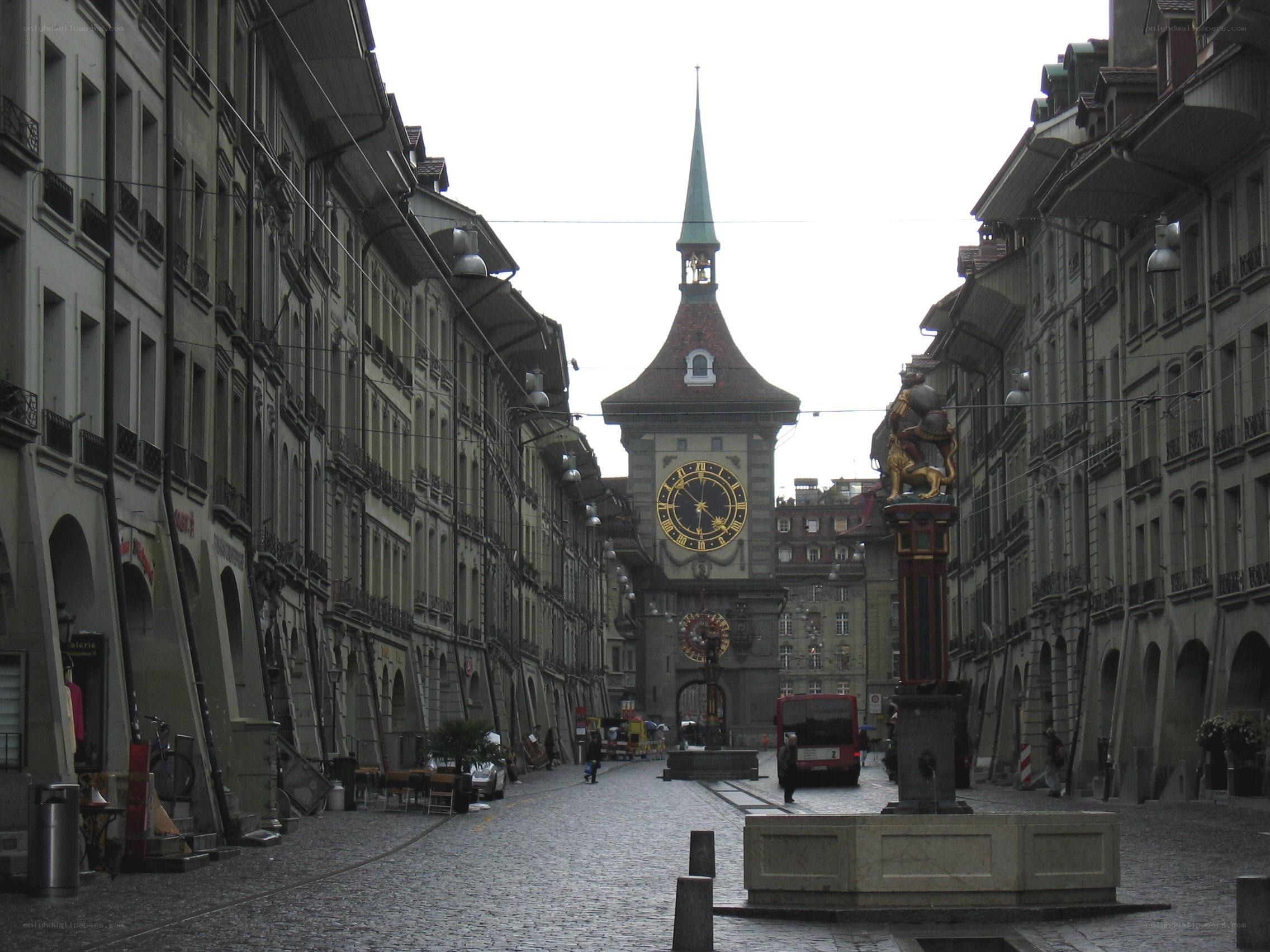 Zurich street with clock tower